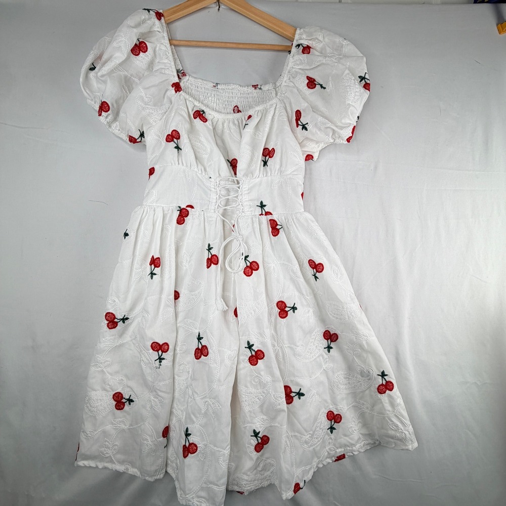 SHEIN Curve White Cherry Embroidered Lace Up Milkmaid Mini Dress 0XL